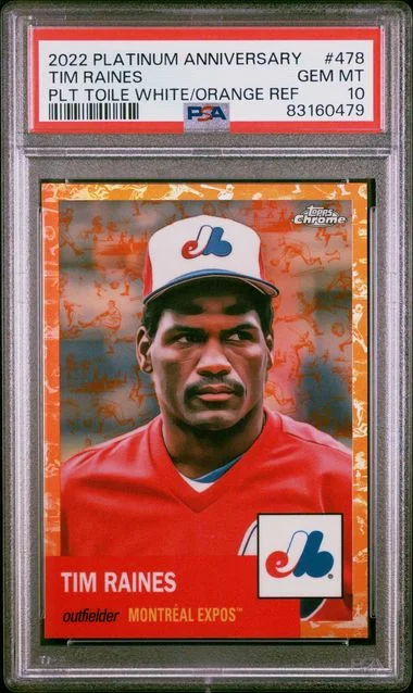 2022 Topps Chrome Platinum Anniversary Tim Raines Platinum Toile White/Orange Refractor #478 card image