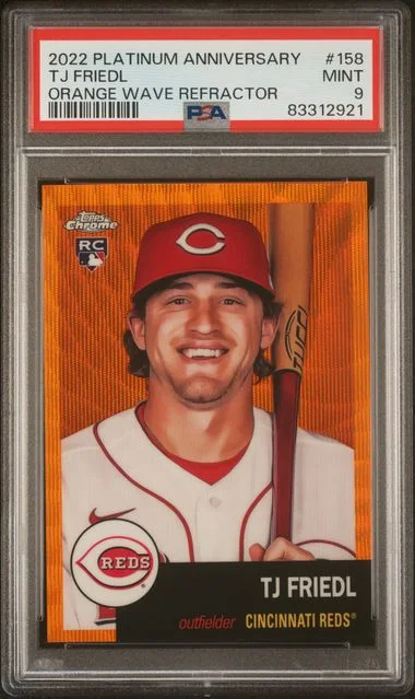 2022 Topps Chrome Platinum Anniversary Tj Friedl Orange Wave Refractor #158 card image