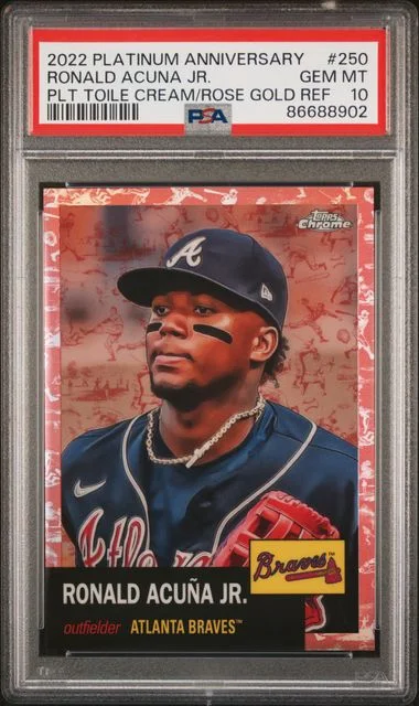 2022 Topps Chrome Ronald Acuna Jr. Platinum Toile Cream/Rose Gold Refractor #250 card image