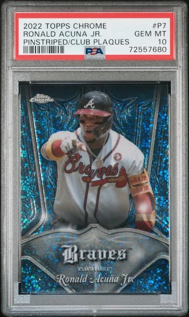 2022 Topps Chrome Ronald Acuna Jr. Pinstriped/Club Plaques #P-7 card image