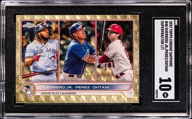 2022 Topps Chrome Sapphire Vladimir Guerrero Jr./Salvador Perez/Shohei Ohtani SuperFractor #48 card image