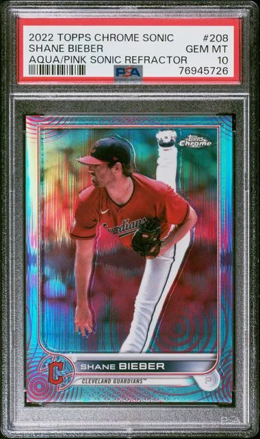 2022 Topps Chrome Shane Bieber Aqua/Pink Sonic Refractor #208 card image