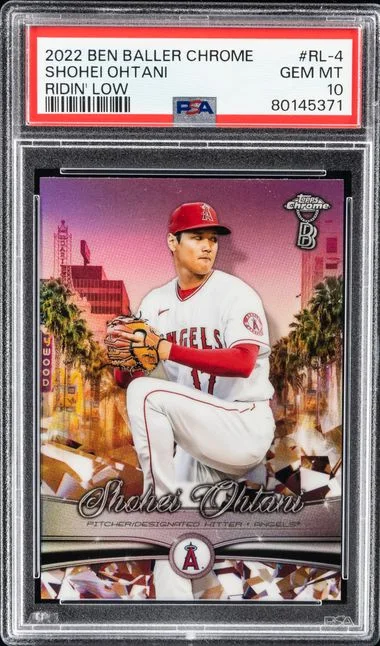 2022 Topps Chrome Shohei Ohtani Ben Baller Ridin' Low Gold Refractor #RL-4 card image