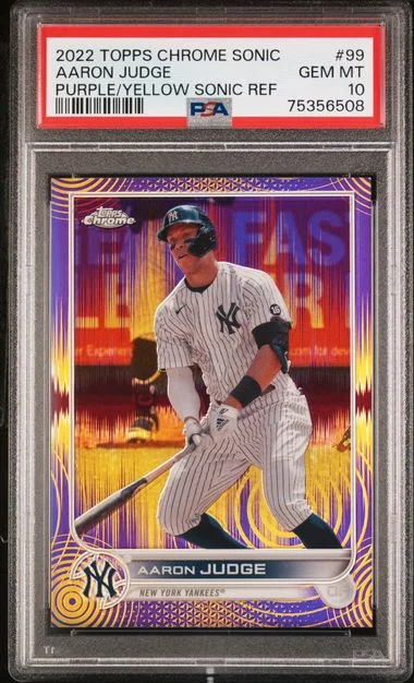 2022 Topps Chrome Sonic Aaron Judge Purple/Yellow Sonic Refractor #99 card image