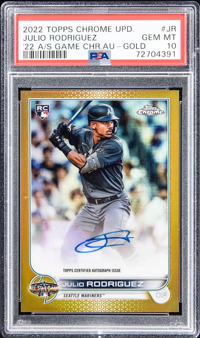 2022 Topps Chrome Update Julio Rodriguez 22 All-Star Game Gold Refractor #ASGA-JR card image
