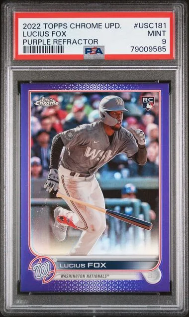 2022 Topps Chrome Update Lucius Fox Purple Refractor #Usc181 card image