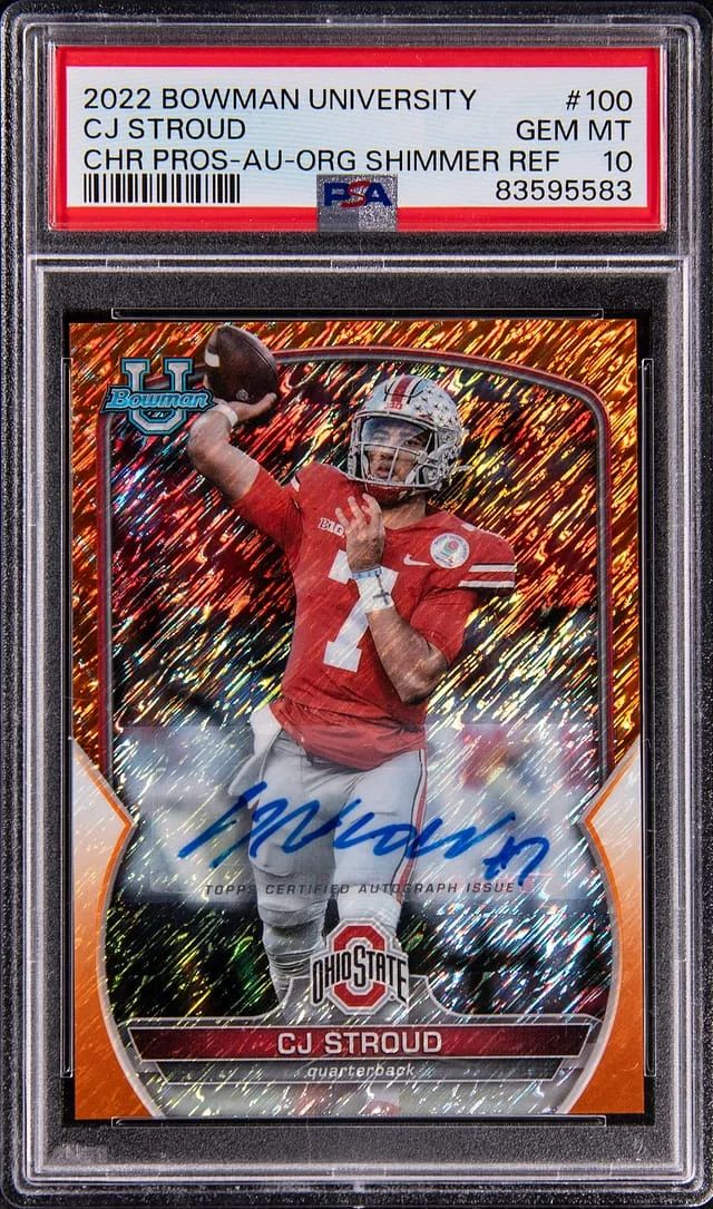 2022 Topps CJ Stroud Bowman University Chrome Prospects Autographs Orange Shimmer Refractor #100 card image