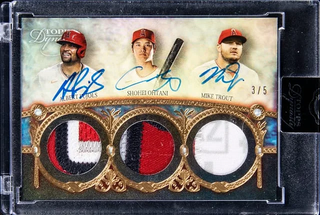 2022 Topps Dynasty Albert Pujols/Shohei Ohtani/ Mike Trout Multi-Signed Game-Used Triple Autographed Patch #TAP-AP card image