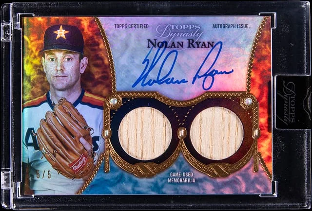 2022 Topps Dynasty Nolan Ryan Autographed Dual Relics Gold #ADR-NR1 card image