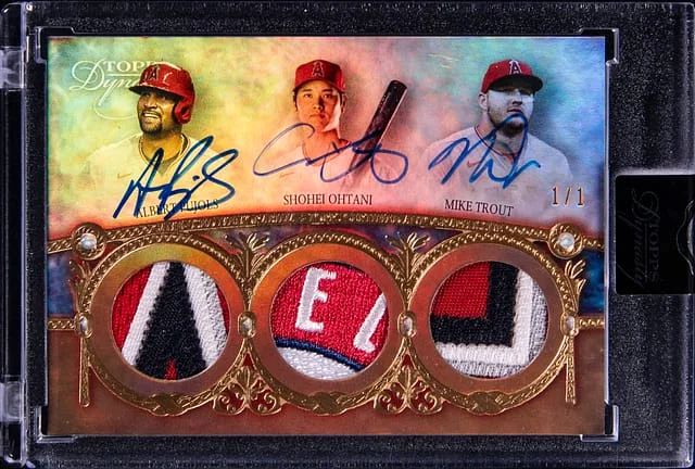 2022 Topps Dynasty Shohei Ohtani/Mike Trout/Albert Pujols Multi-Signed Game-Used Triple Autographed Patch Gold #TAP-AP card image