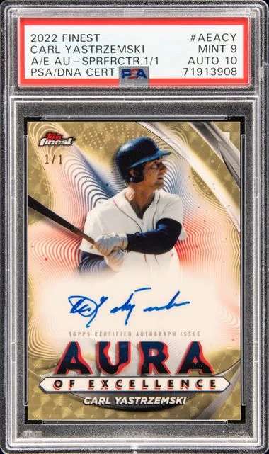 2022 Topps Finest Aeacy Carl Yastrzemski Aura Of Excellence Autographs Superfractor #1/1 card image
