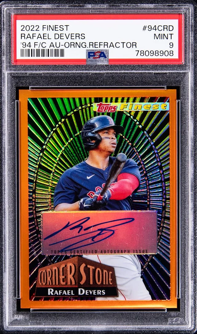 2022 Topps Finest Rafael Devers 94 Finest Cornerstone Auto - Orange Refractor #94CRD card image
