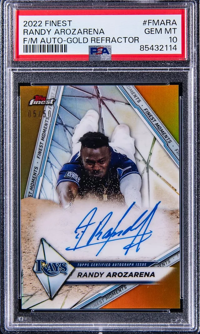 2022 Topps Finest Randy Arozarena Moments Autograph Gold Refractor #FMARA card image