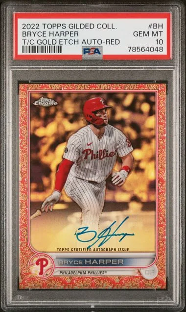 2022 Topps Gilded Collection Topps Chrome Gold Etch Autographs Red Bh Bryce Harper #no-number card image