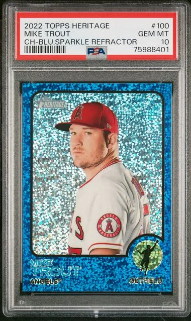 2022 Topps Heritage Mike Trout Chrome-Blue Sparkle Refractor #100 card image