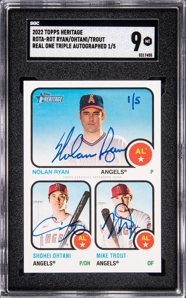 2022 Topps Heritage Real One Nolan Ryan/Shohei Ohtani/Mike Trout Multi-Signed Triple Autograph #ROTA-ROT card image
