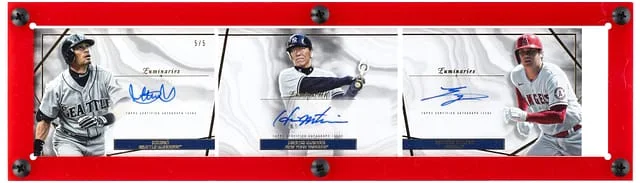2022 Topps Ichiro/Hideki Matsui/Shohei Ohtani Multi-Signed Luminaries Guiding Light Triple Autograph Book #GLTA-IMO card image