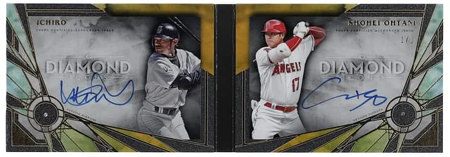 2022 Topps Ichiro/Shohei Ohtani Diamond Icons Dual Autographed Diamond Relic Books Gold #DRBCA-ISH card image
