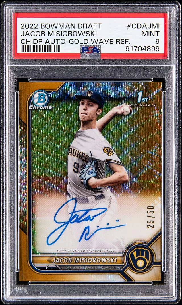 2022 Topps Jacob Misiorowski Bowman Draft Chrome Draft Pick Autograph Gold Wave Refractor #CDA-JMI card image