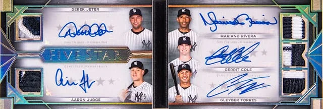 2022 Topps Jeter/Judge/Rivera/Cole/Torres Multi-Signed Game-Used Five Star Autograph Relic Book Card #FSBC-JJRCT card image