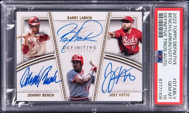 2022 Topps Johnny Bench/Barry Larkin/Joey Votto Multi-Signed Definitive Trios Autograph #DTA-BLV card image