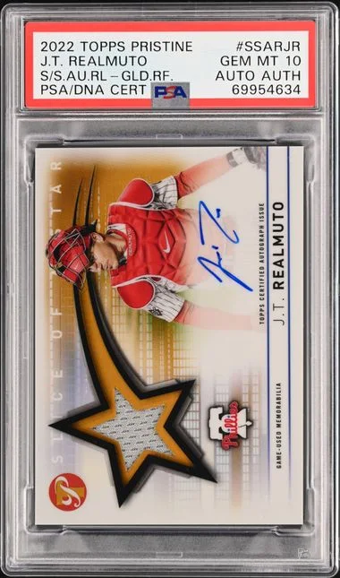 2022 Topps J.T. Realmuto Pristine Slice Of A Star Autograph Relics Gold Refractor #SSAR-JR card image