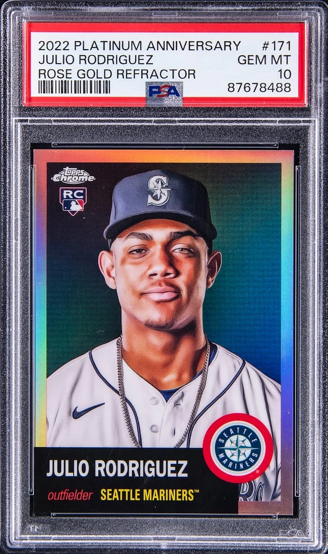 2022 Topps Julio Rodriguez Platinum Anniversary Rose Gold Refractor #171 card image