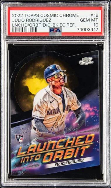 2022 Topps Julio Rodriguez Cosmic Chrome Launched Into Orbit Die-Cut Black Eclipse Refractor #LIO-19 card image