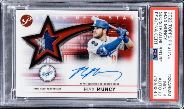 2022 Topps Max Muncy Pristine Slice Of A Star Autograph Relics Red Refractor #SSAR-MM card image