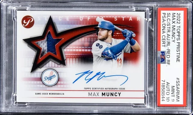 2022 Topps Max Muncy Pristine Slice of a Star Autograph Relic Red Refractor #SSARMM card image