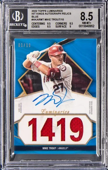 2022 Topps Mike Trout Luminaries Hit Kings Autograph Relics Blue #HKAR-MTR card image