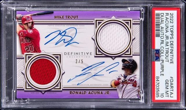 2022 Topps Mike Trout/Ronald Acuna Jr. Definitive Collection Dual Autograph Relic Collection Purple #DAR-TAJ card image