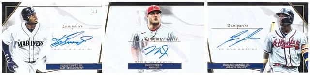 2022 Topps Mike Trout/Ronald Acuna Jr./Ken Griffey Jr. Multi-Signed Luminaries Guiding Light Triple Autograph Book Card #GLTA-GTA card image