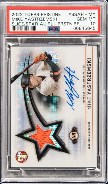 2022 Topps Mike Yastrzemski Pristine Slice Of A Star Autograph Relics Pristine Refractor #SSAR-MY card image