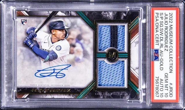 2022 Topps Museum Collection Julio Rodriguez Single Player Signature Swatches Dual Relic Autograph Gold #SWDRA-JROD card image
