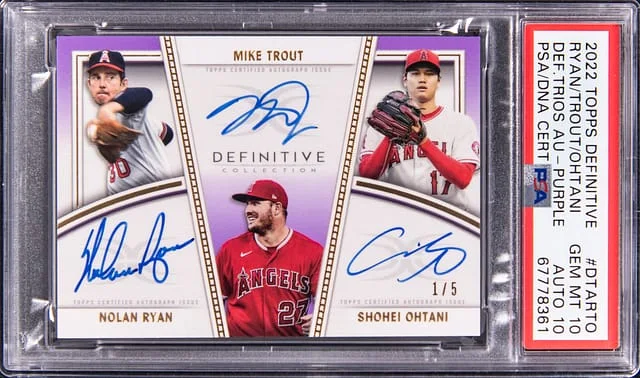 2022 Topps Nolan Ryan/Mike Trout/Shohei Ohtani Multi-Signed Definitive Collection Trios Autographs Purple #DTA-RTO card image