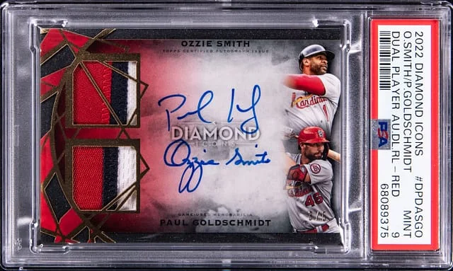 2022 Topps Ozzie Smith/Paul Goldschmidt Diamond Icons Dual Player Autograph Relic Red #DPDASGO card image