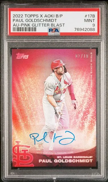 2022 Topps Paul Goldschmidt X Steve Aoki Baseball Party Autographs Pink Glitter Blast #17B card image
