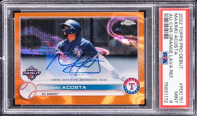 2022 Topps Pro Debut Maximo Acosta Chrome Autograph Orange Lava Refractor #PD151 card image