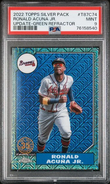 2022 Topps Ronald Acuna Jr. Silver Pack 1987 Chrome Promo Green Refractor #T87C-74 card image