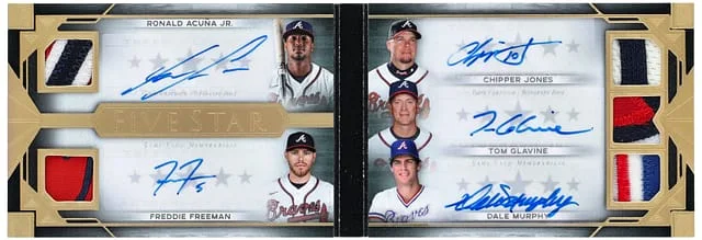 2022 Topps Ronald Acuna Jr/Freddie Freeman/Chipper Jones/Tom Glavine/Dale Murphy Five Star Autograph Relic Booklet #FSBC-AFJGM card image
