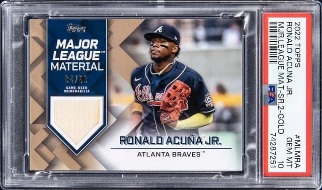2022 Topps Series 2 Ronald Acuna Jr. Major League Materials Gold #MLMRA card image