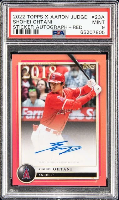 2022 Topps Shohei Ohtani X Aaron Judge Sticker Autograph Red #23A card image