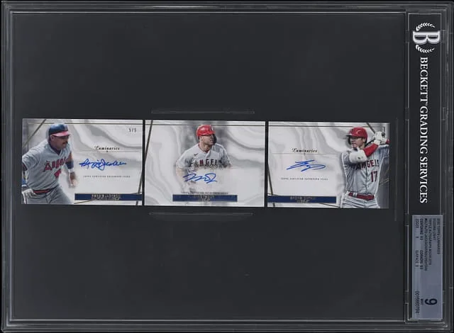 2022 Topps Shohei Ohtani/Mike Trout/Reggie Jackson Luminaries Guiding Light Triple Autograph Booklet #GLTA-JTO card image