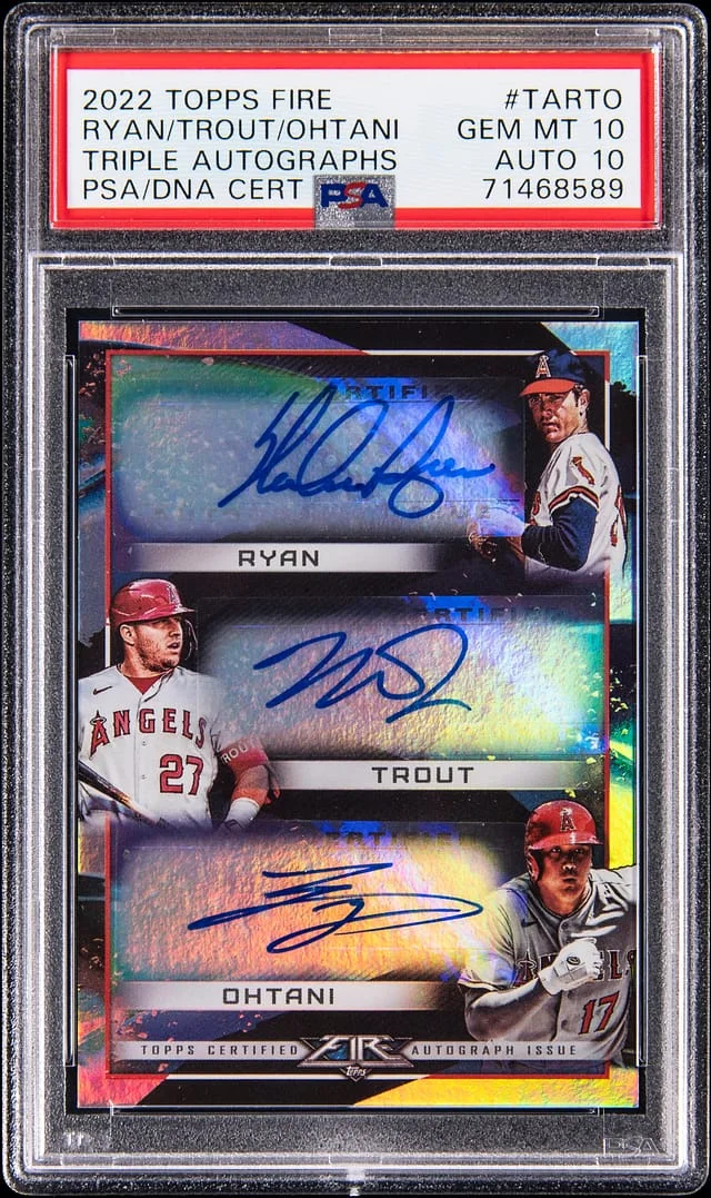 2022 Topps Shohei Ohtani/Nolan Ryan/Mike Trout Multi-Signed Fire Triple Autographs #TA-RTO card image