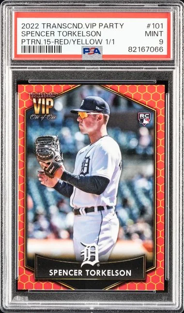2022 Topps Spencer Torkelson Transcendent VIP Party Pattern 15-Red/Yellow #101 card image