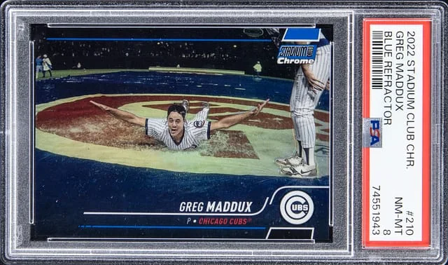 2022 Topps Stadium Club Chrome Greg Maddux Blue Refractor #210 card image