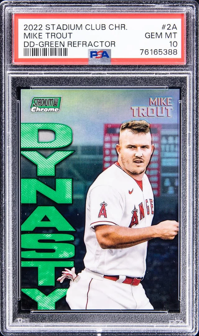 2022 Topps Stadium Club Chrome Mike Trout Dynasty Green Refractor #2A card image