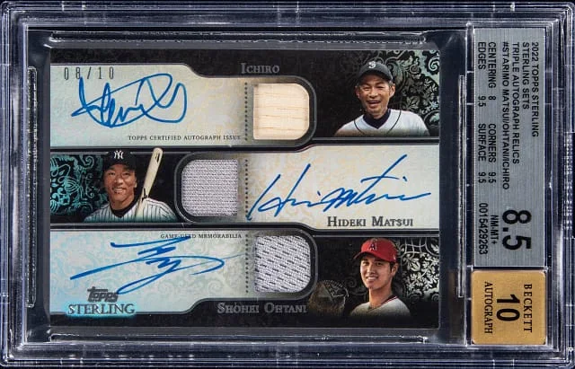 2022 Topps Sterling Ichiro/Hideki Matsui/Shohei Ohtani Multi-Signed Sterling Sets Triple Autograph Relics #STAR-IMO card image