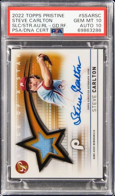 2022 Topps Steve Carlton Pristine Slice Of A Star Autograph Relics Gold Refractor #SSAR-SC card image